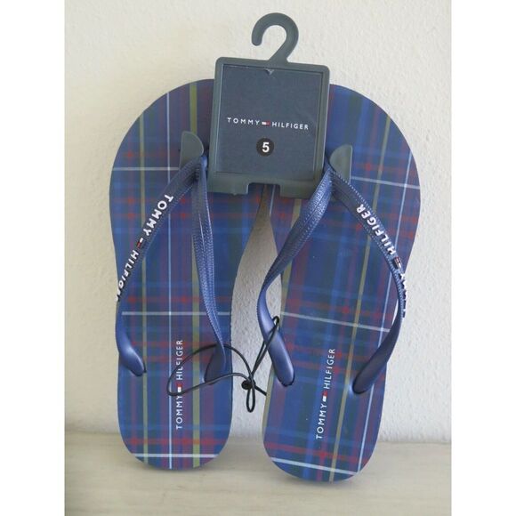Tommy Hilfiger Women's Size 5 Dark Blue Plaid Thong Rubber Flip Flop Sandals - Picture 1 of 9